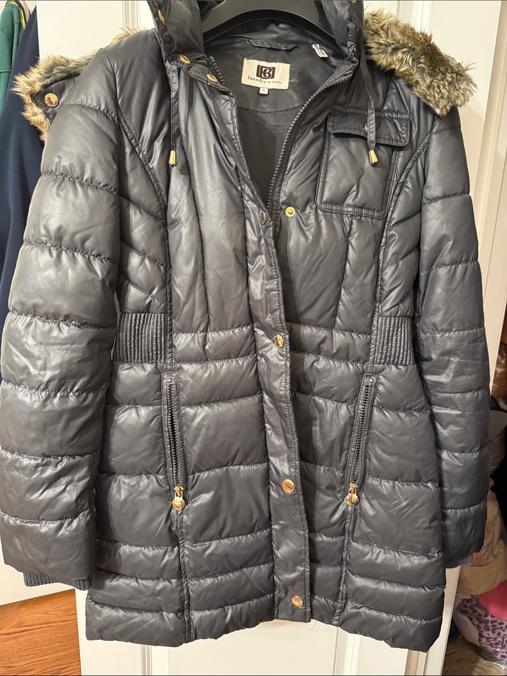 Laundry by Design Black Quilted Puffer Coat with Faux Fur Trim